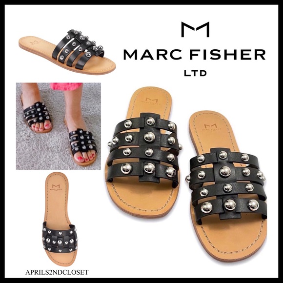 BLACK LEATHER SANDALS SLIDES MARC FISHER SLIP ONS STUDD CAGED FLATS A2C - Picture 16 of 16